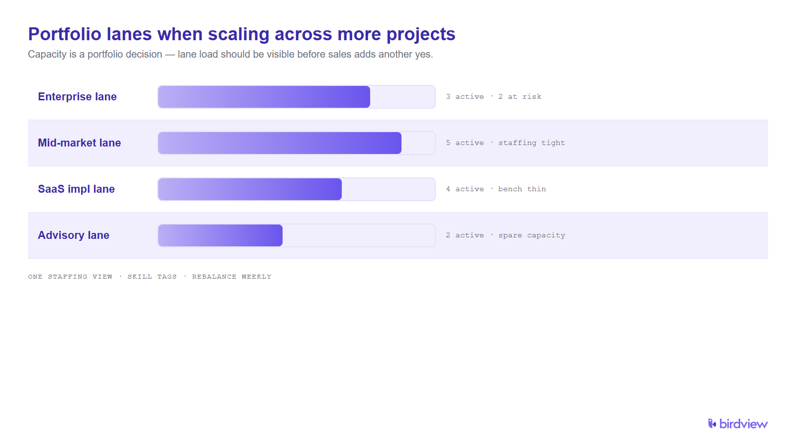Portfolio capacity lanes showing staffing load across enterprise, mid-market, SaaS implementation, and advisory projects.